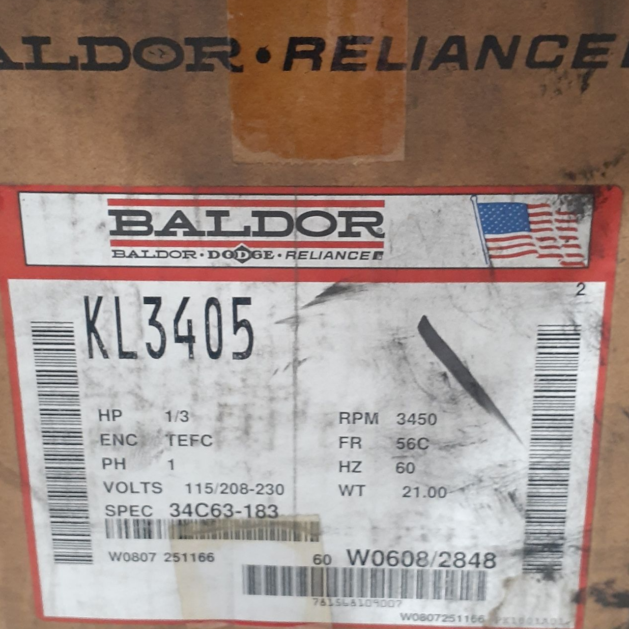 Baldor KL3405 Motor, .33HP, 3450RPM, 1PH, 60HZ, 56C, 3413L