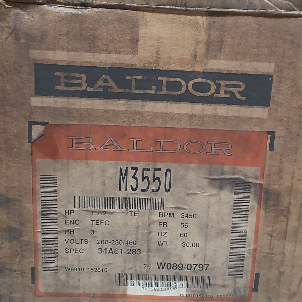 Baldor M3550 General Purpose Motor, 1.5HP, 3450RPM, 3PH, 60HZ, 56, 3424M, TEFC, F1