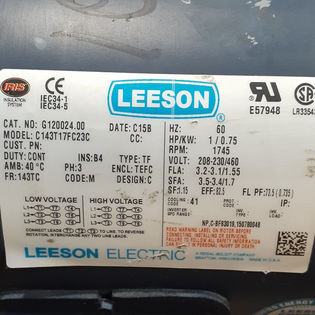 Leeson G120024.00 Motor, 1HP, 1745 RPM, 143TC, TEFC, 230/460V, 3PH, 60HZ
