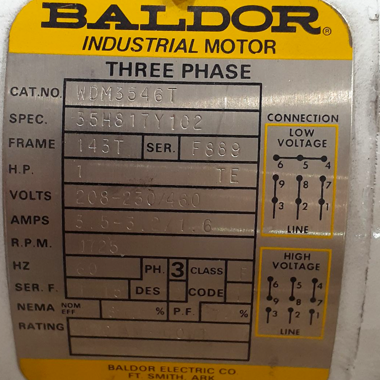 Baldor Industrial Wash Down Motor, 1HP, 1740RPM, 3PH, 60HZ, 143T, 3518M, TENV, F1, WDM3546T Baldor Industrial Wash Down Motor, 1HP, 1740RPM, 3PH, 60HZ, 143T, 3518M, TENV, F1, WDM3546T