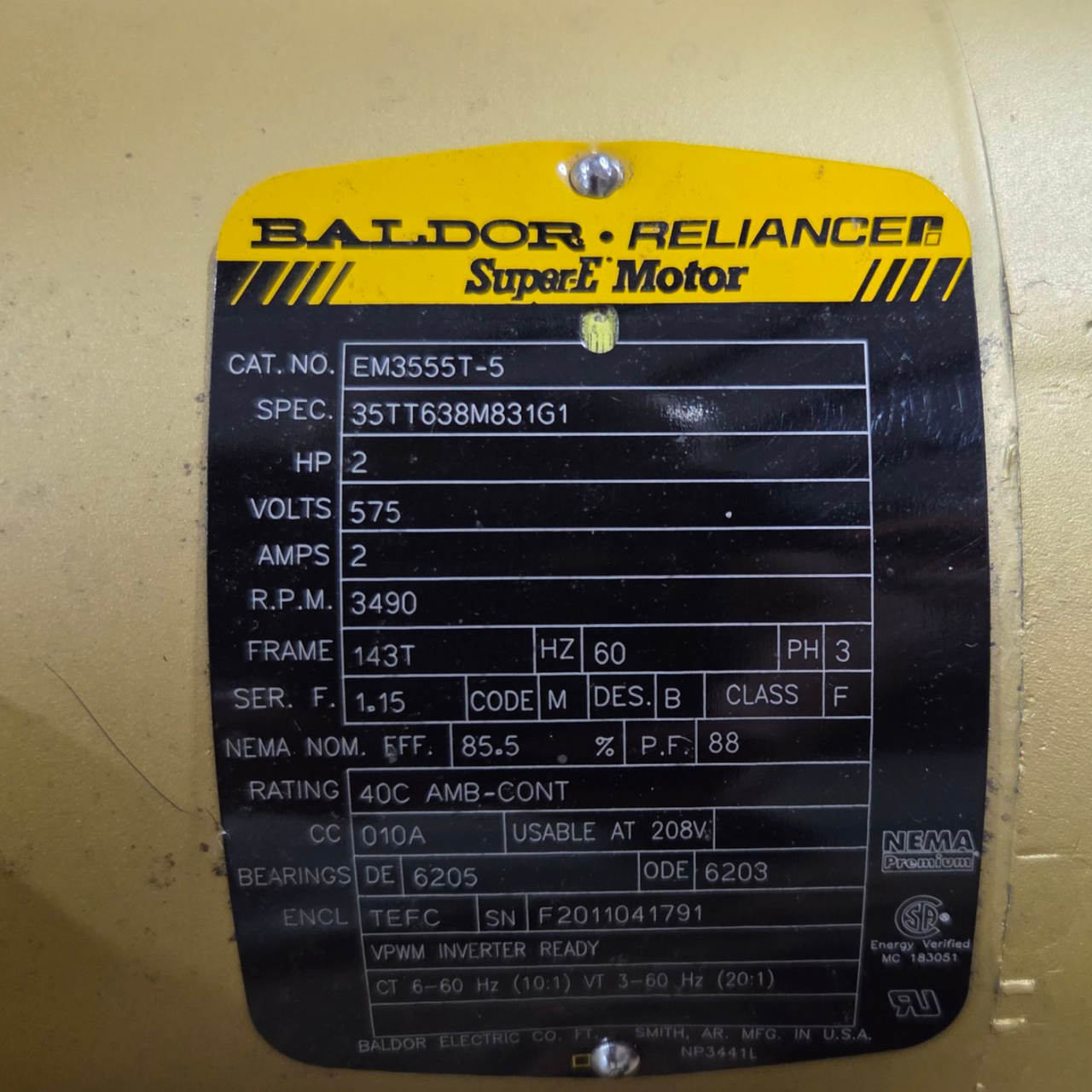 Baldor EM3555T-5 General Purpose Motor, 2HP, 3490RPM, 3PH, 60HZ, 145T, 3526M, TEFC, F1