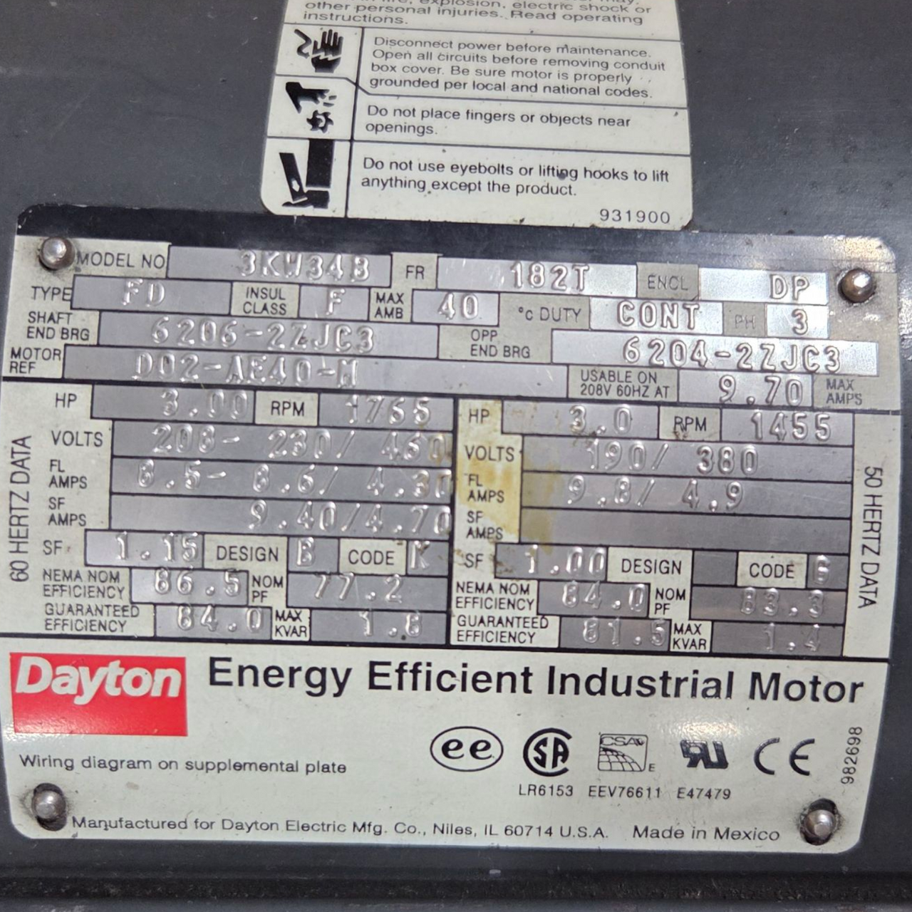 Dayton 3KW34B General Purpose Motor, 3 HP, 3-Phase, Nameplate RPM 1750, Voltage 
