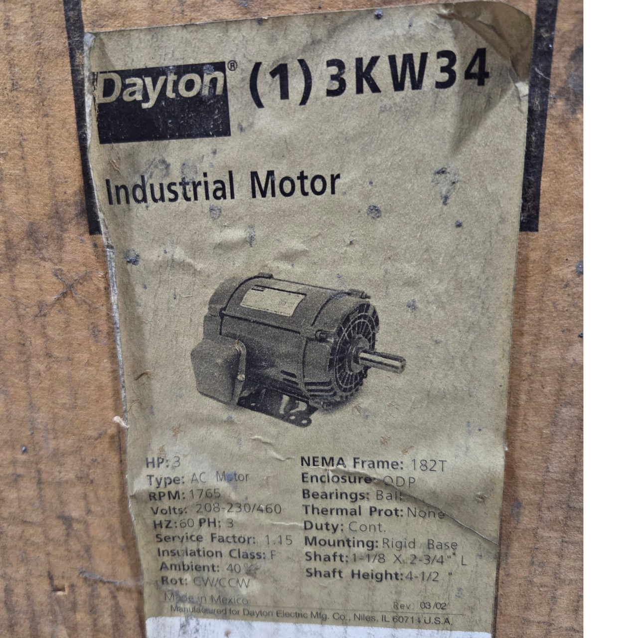 Dayton 3KW34B General Purpose Motor, 3 HP, 3-Phase, Nameplate RPM 1750, Voltage 