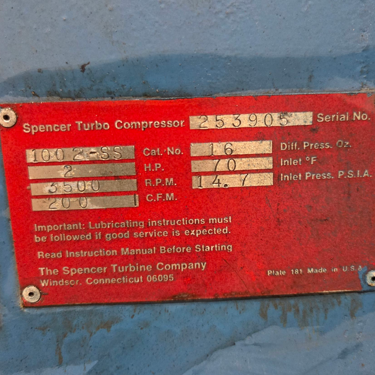 Spencer Single Stage Scroll Blower Model 1002-SS with New York Blower Filter/Silencer, 2 HP, 3500 RPM, 200 C.F.M.