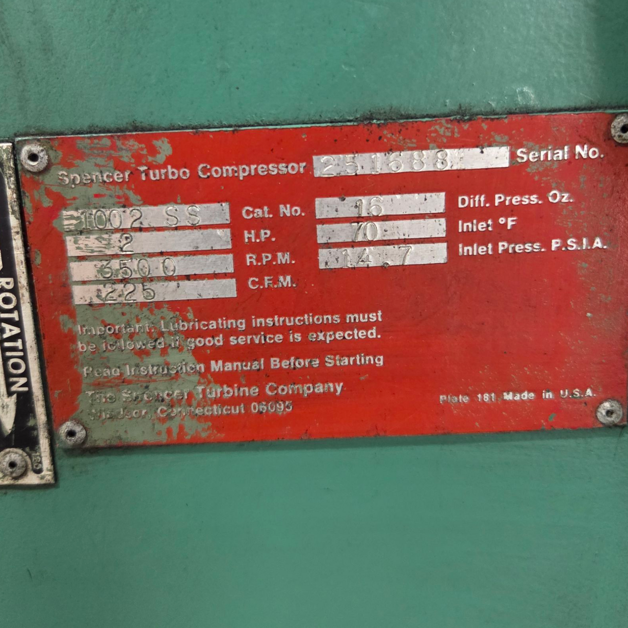 Spencer Single Stage Scroll Blower Model 1002-SS, 2 HP, 3500 RPM, 225 C.F.M.