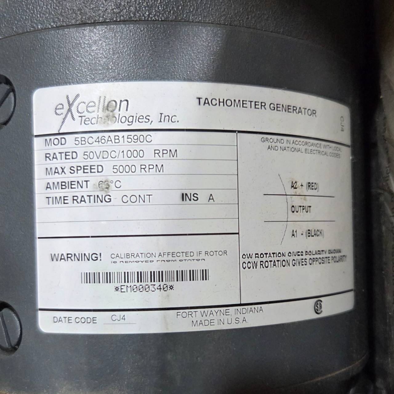 Excellon Technologies 5BC46AB1590C DC Tachometer Generator