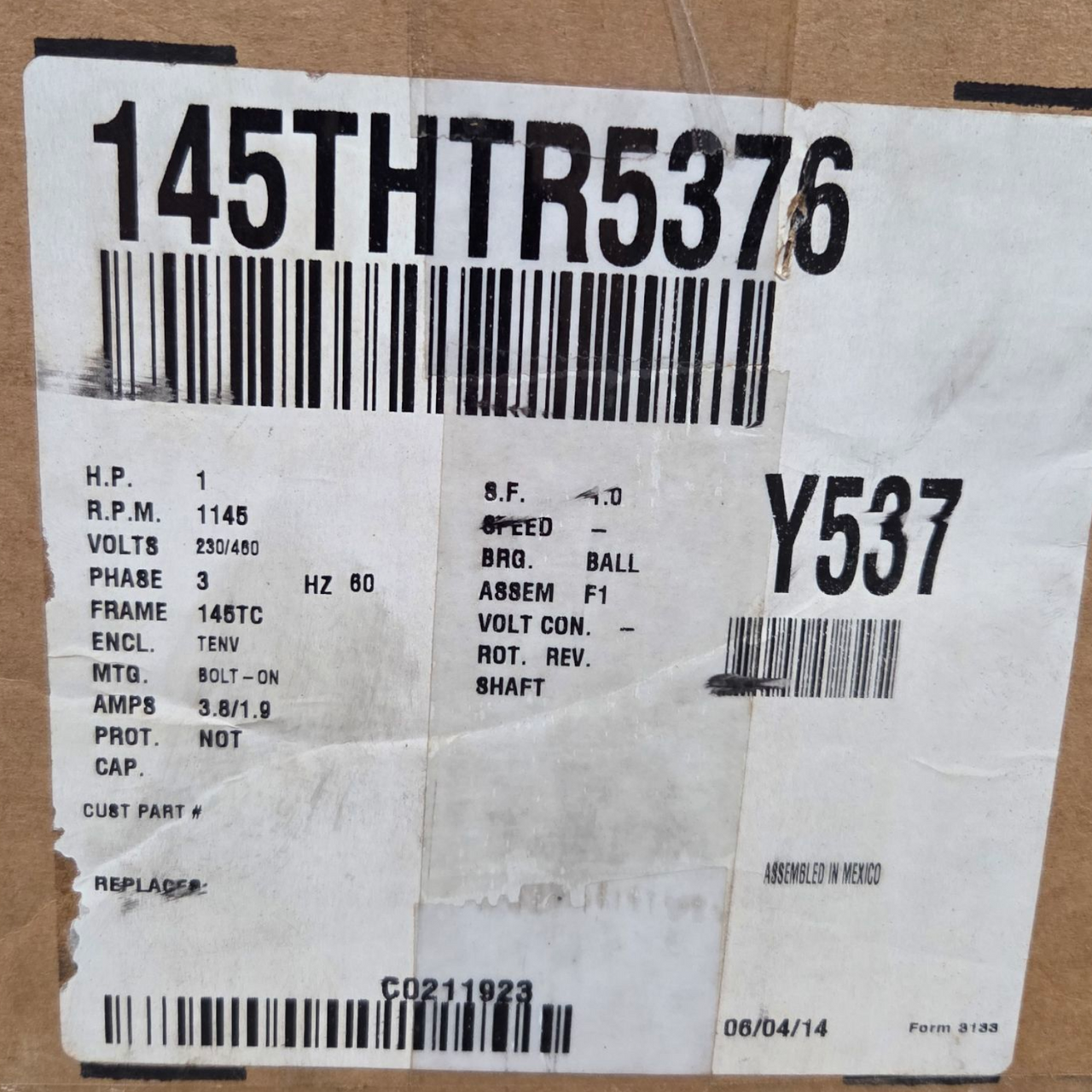 Marathon Motors Y537 145THTR5376 Three Phase Black Max Inverter (Vector) Duty Motor, 1 Hp, 1200 Rpm, 145TC FR, 230/460 Vac, 3 PH