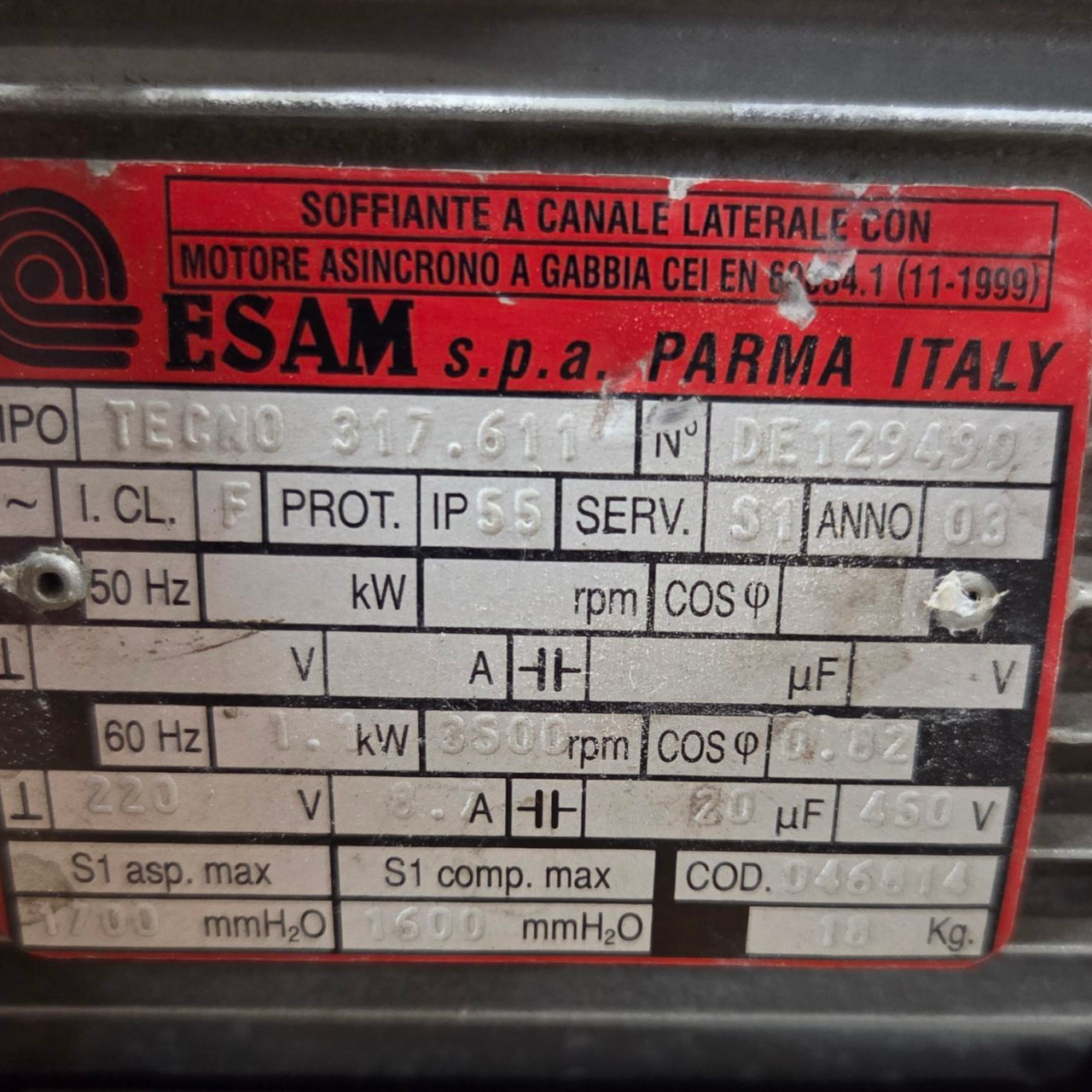 ESAM SpA Teckno Side Channel Blower with Asynchronous Cage Motor, 317.611