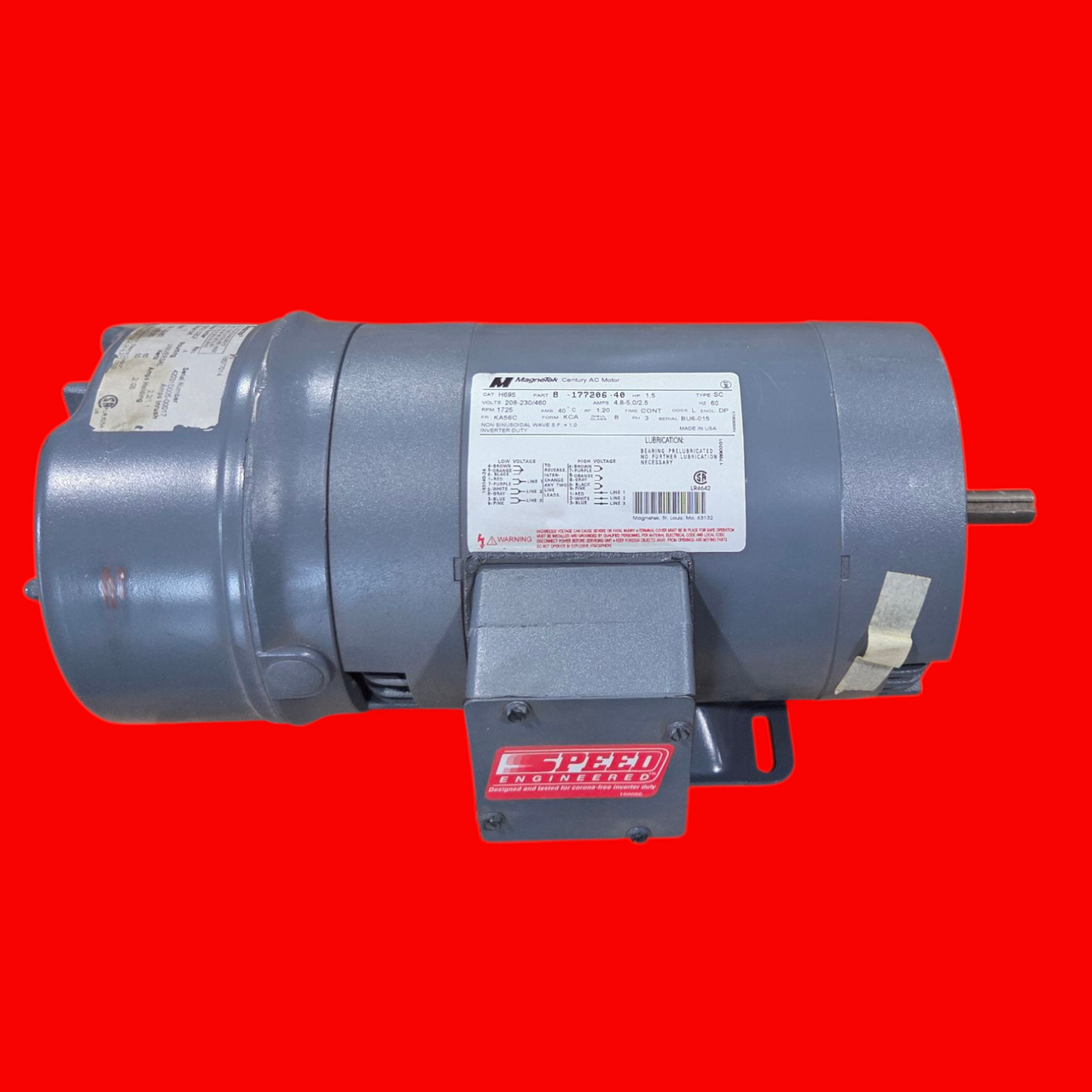 Magnetek H695 AC Motor, 1.5 HP, 208-230/460V, 1725 RPM, KA56C FR