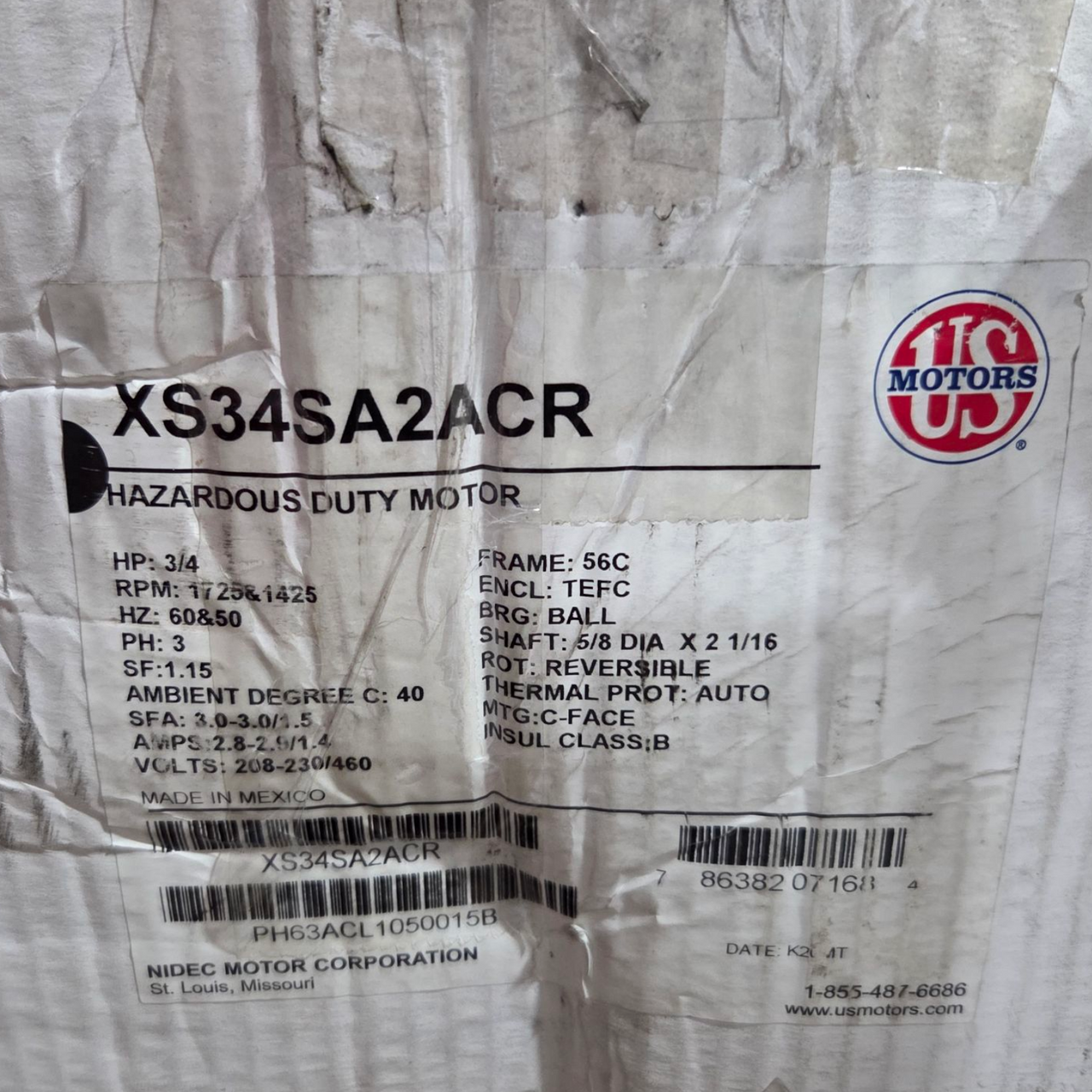 US Motors (Nidec) XS34SA2ACR Explosion Proof / Hazardous Location Motor,  3/4 HP, 1800 RPM , 3 PH, 208-230/460 V, 56C Frame, TEFC