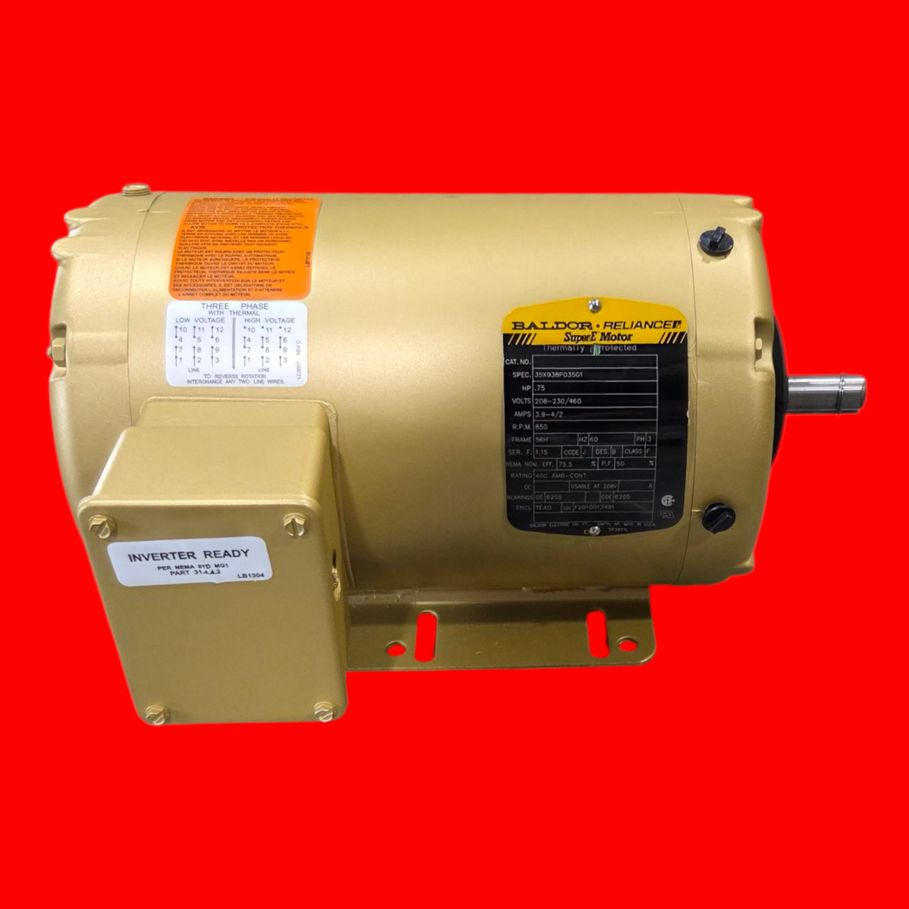 Baldor 35X938P035G1 Motor, .75 HP, 208-230/460V, 850 RPM, 56H FR, 3 PH