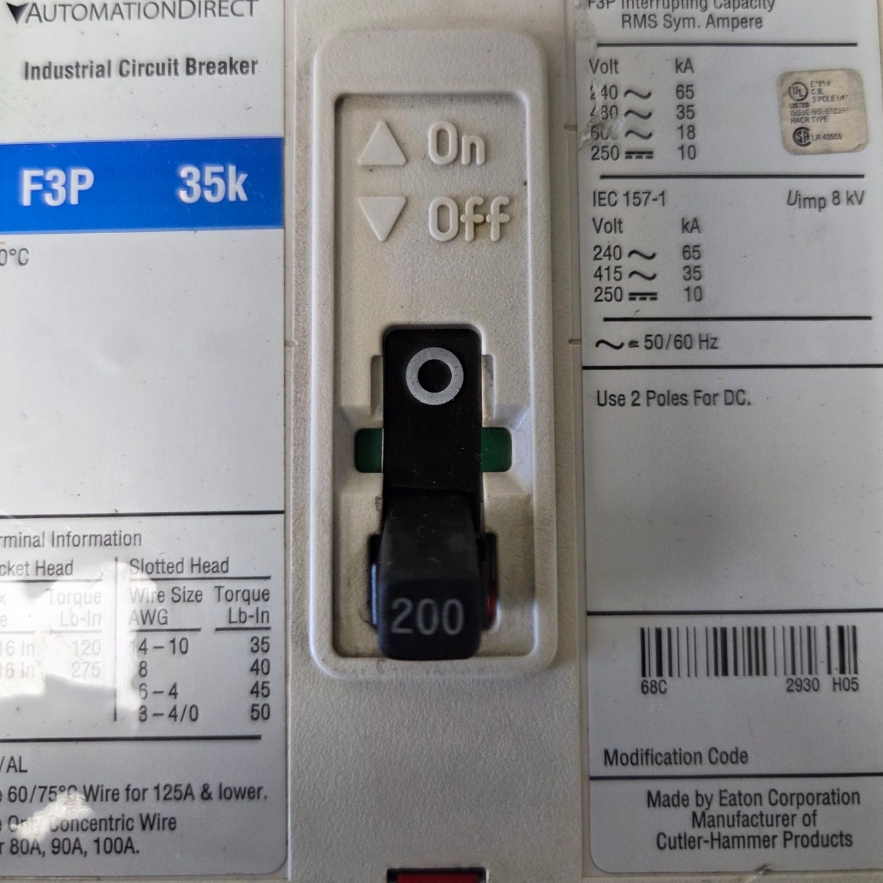 Automation Direct 200 Amp, 600 VAC, 3-Pole Molded Case Circuit Breaker, F3P-35k