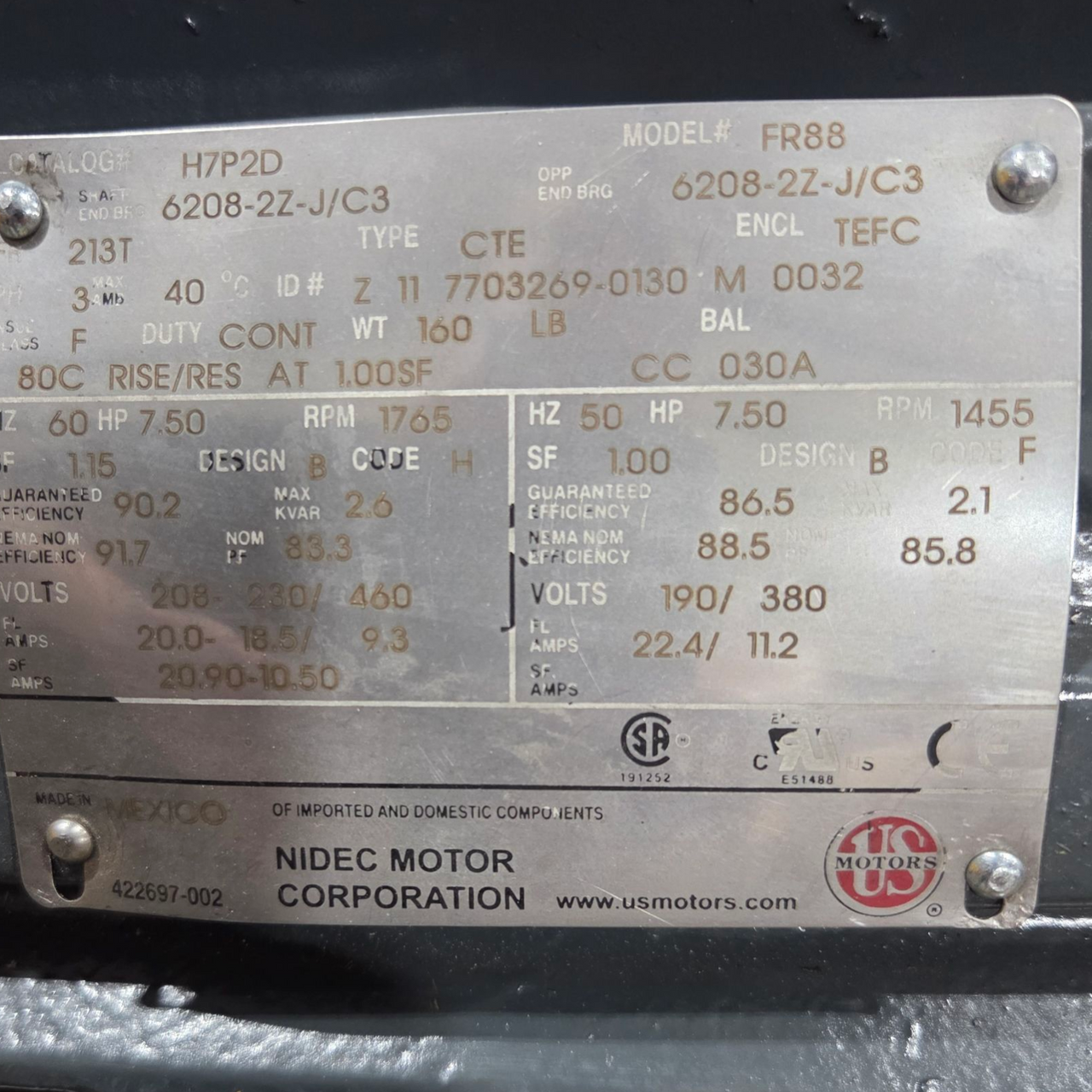 US Motors NIDEC Model FR88 Severe Duty Motor - 7-1/2 hp, 1800 rpm, 3 ph, 190/380//208-230/460 V, 213T Frame, TEFC (Totally Enclosed Fan Cooled) Enclosure, 50/60 Hz, 1455 rpm - 1765 rpm Base, Horizontal / Foot Mount, Continuous Duty, H7P2D