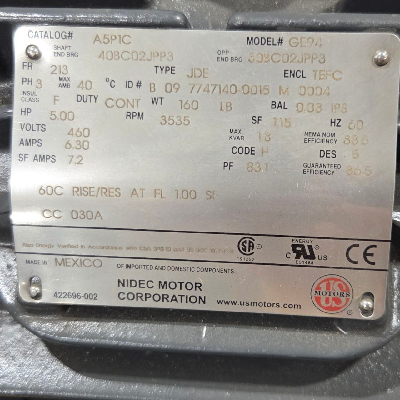 US Motors NIDEC A5P1C Automotive Duty Motor - 5 hp, 3600 rpm, 3 ph, 460 V, 213 Frame, TEFC (Totally Enclosed Fan Cooled) Enclosure, 60 Hz, 3535 rpm Base, Horizontal / Foot Mount, Continuous Duty