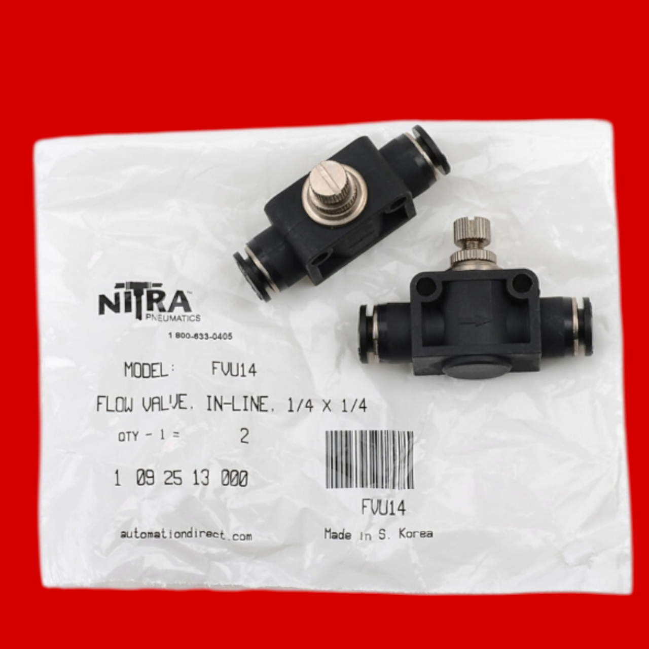 NITRA FVU14 Pneumatic Push-To-Connect Fitting, 1/4in, Pack of 2