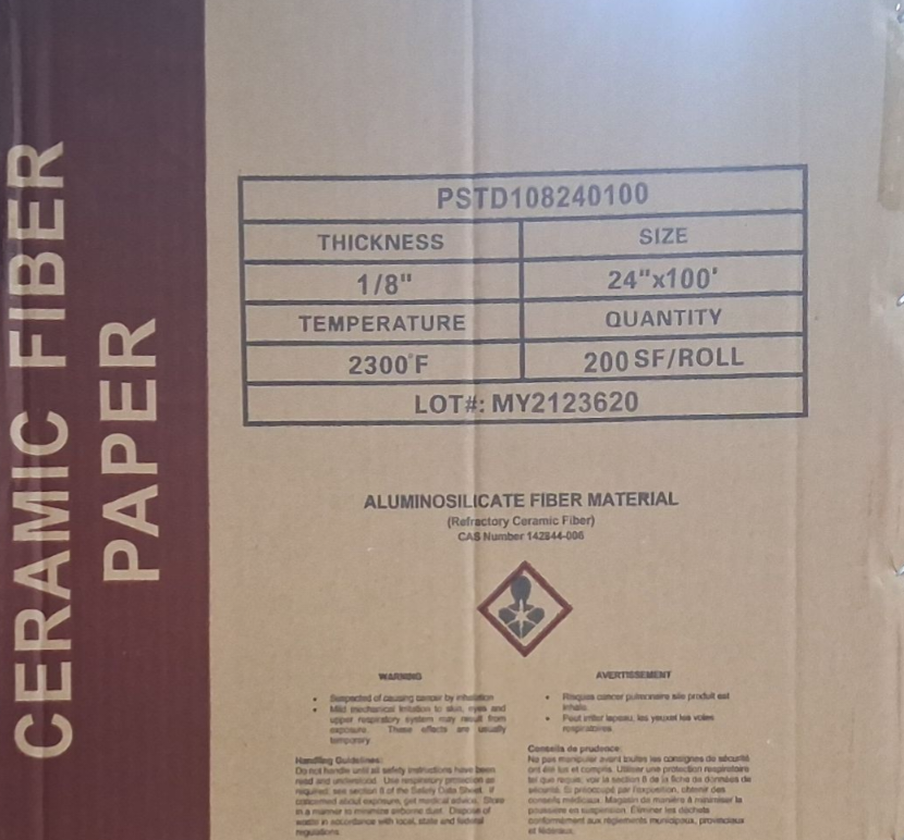 Taofibre PSTD108240100 Ceramic Fiber Paper 2300°F / Standard Grade / 1/8" x 24" x 100' (200 sq. ft./Roll) 