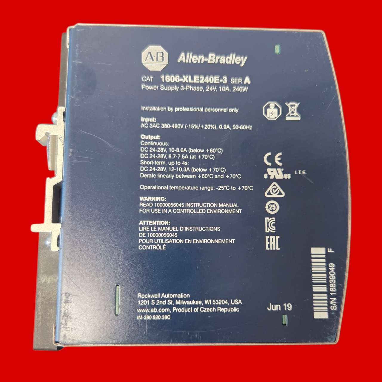 Allen Bradley Three-Phase Power Supply, 24V, 10 A, 240 W, 1606-XLE240E-3, Ser. A