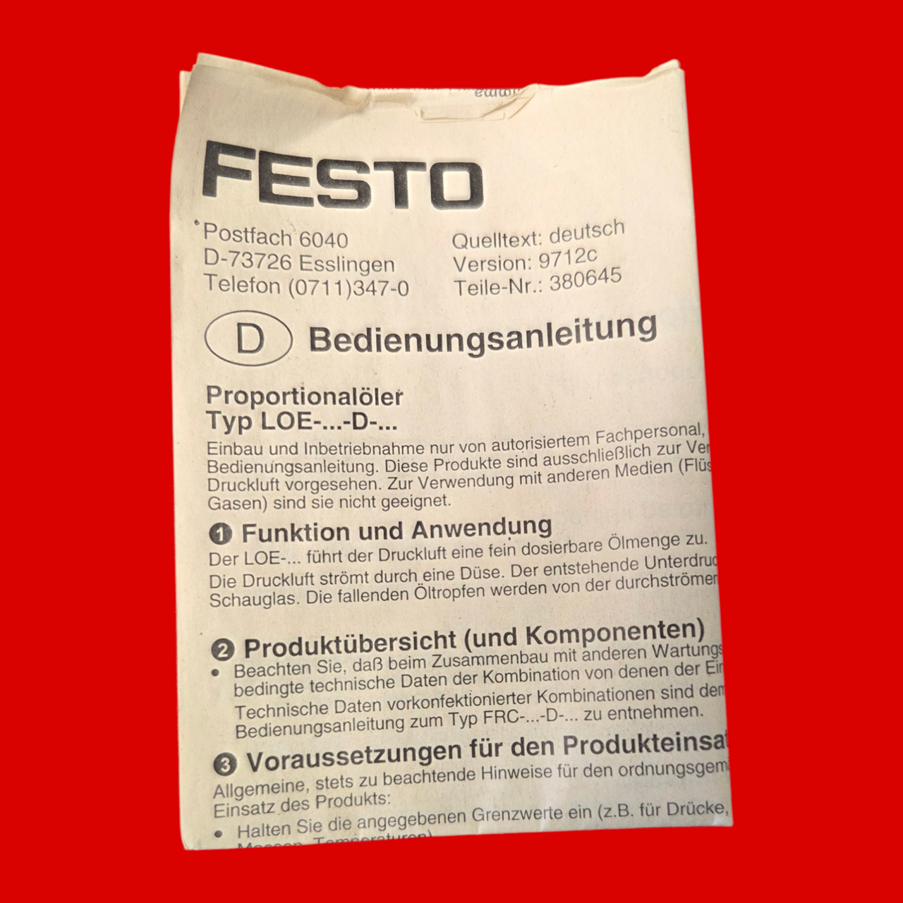 Festo 159620 LOE-D Series Mini Lubricator, 1/8 in Port, 1300 Lpm Flow Rate, 0 to 16 bar Pressure, Polycarbonate Bowl