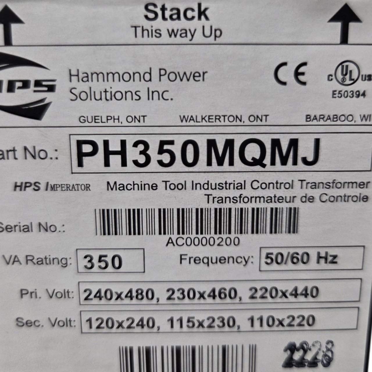 HPS PH350MQMJ Control Transformer, Encapsulated Core, 350 VA, 1-Phase, 240/480 VAC, 120/240 VAC Secondary, 50/60 Hz, Panel Mount