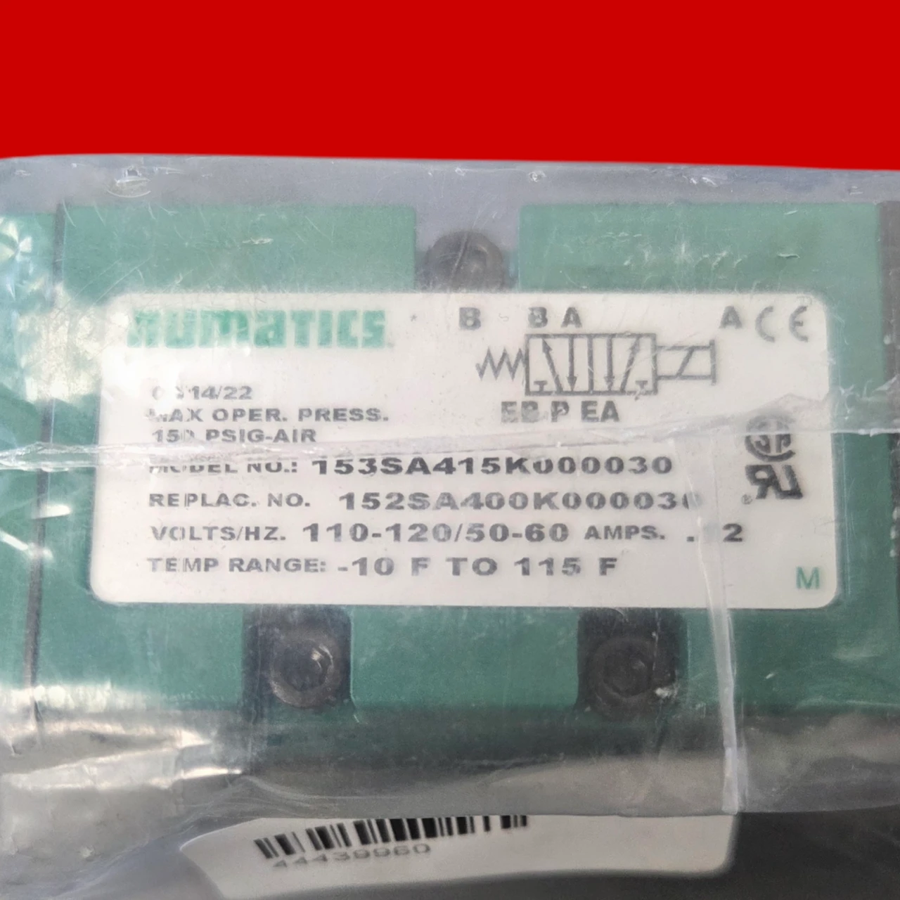 Numatics 153SA415K000030 Solenoid Air Control Valve: Four-Way / Two-Position, 
