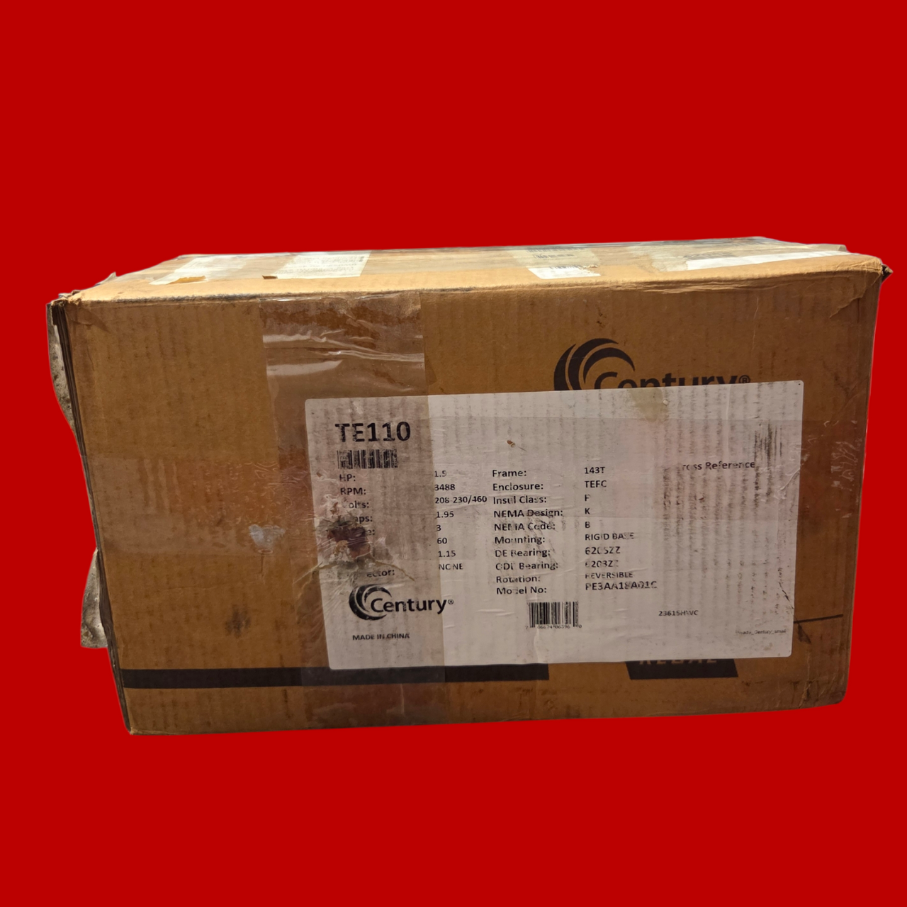 Century TE110 General Purpose Motor, 3 Phase, 143T Frame, 208-230/460 Volts, 1-1/2 HP, TEFC, 3488 RPM