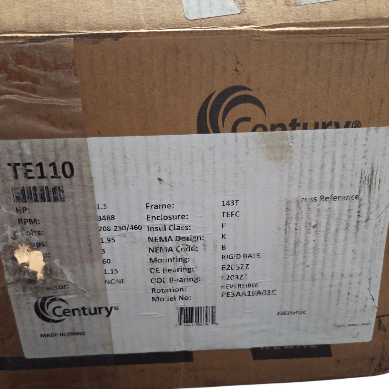 Century TE110 General Purpose Motor, 3 Phase, 143T Frame, 208-230/460 Volts, 1-1/2 HP, TEFC, 3488 RPM