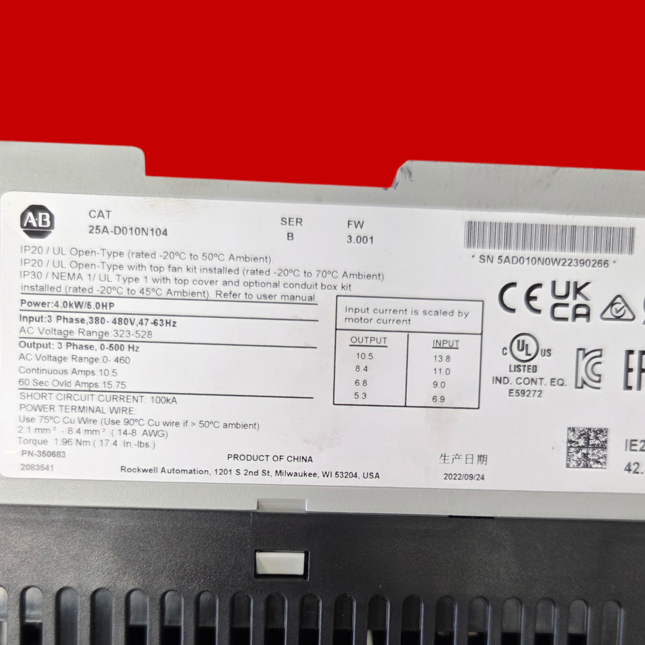 Allen Bradley PowerFlex 523 AC Drive, 25A-D010N104