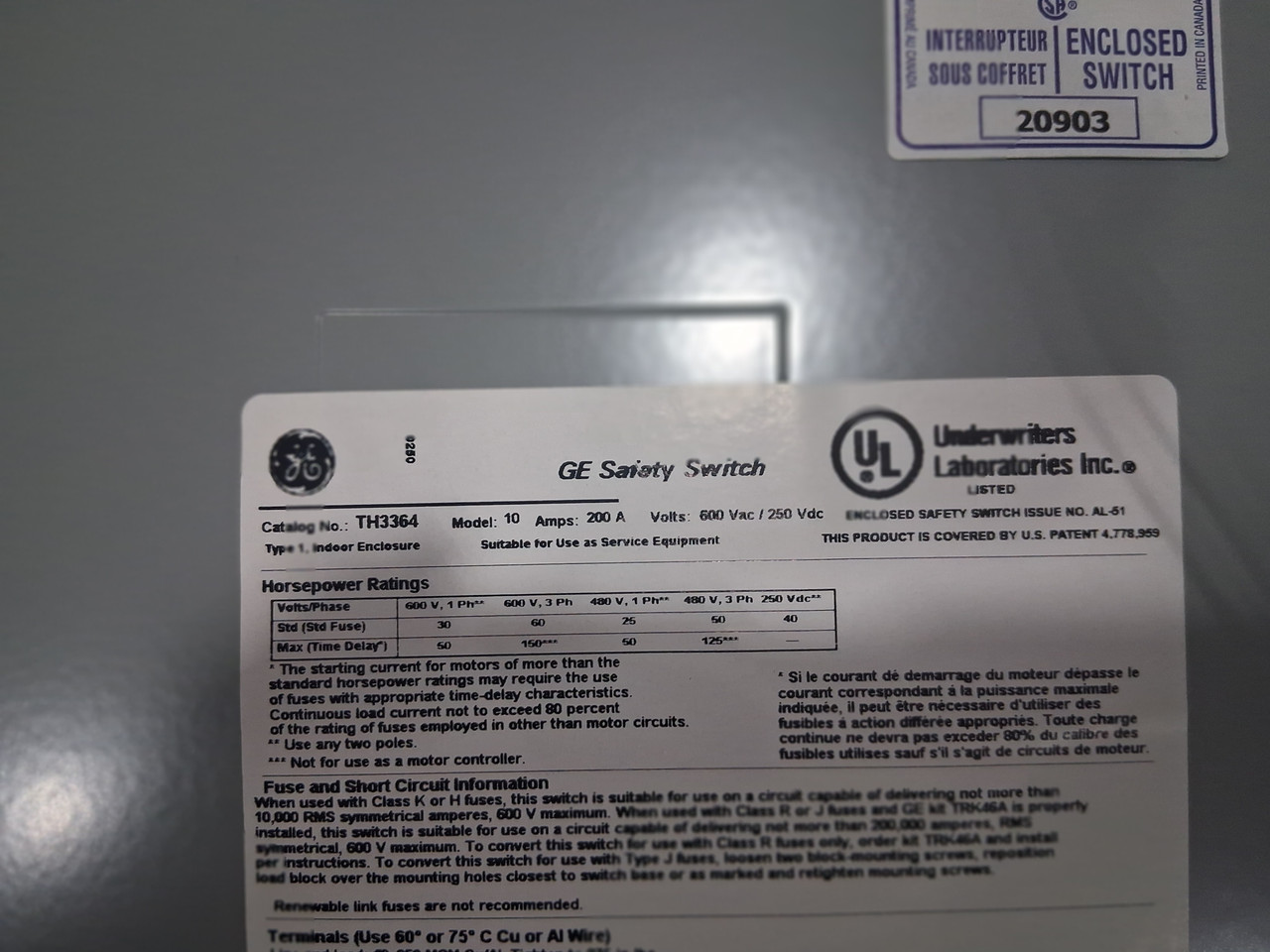 General Electric TH3364 Heavy Duty Fusible Safety Switch 3-Pole, 200 Amp, 600 Volt
