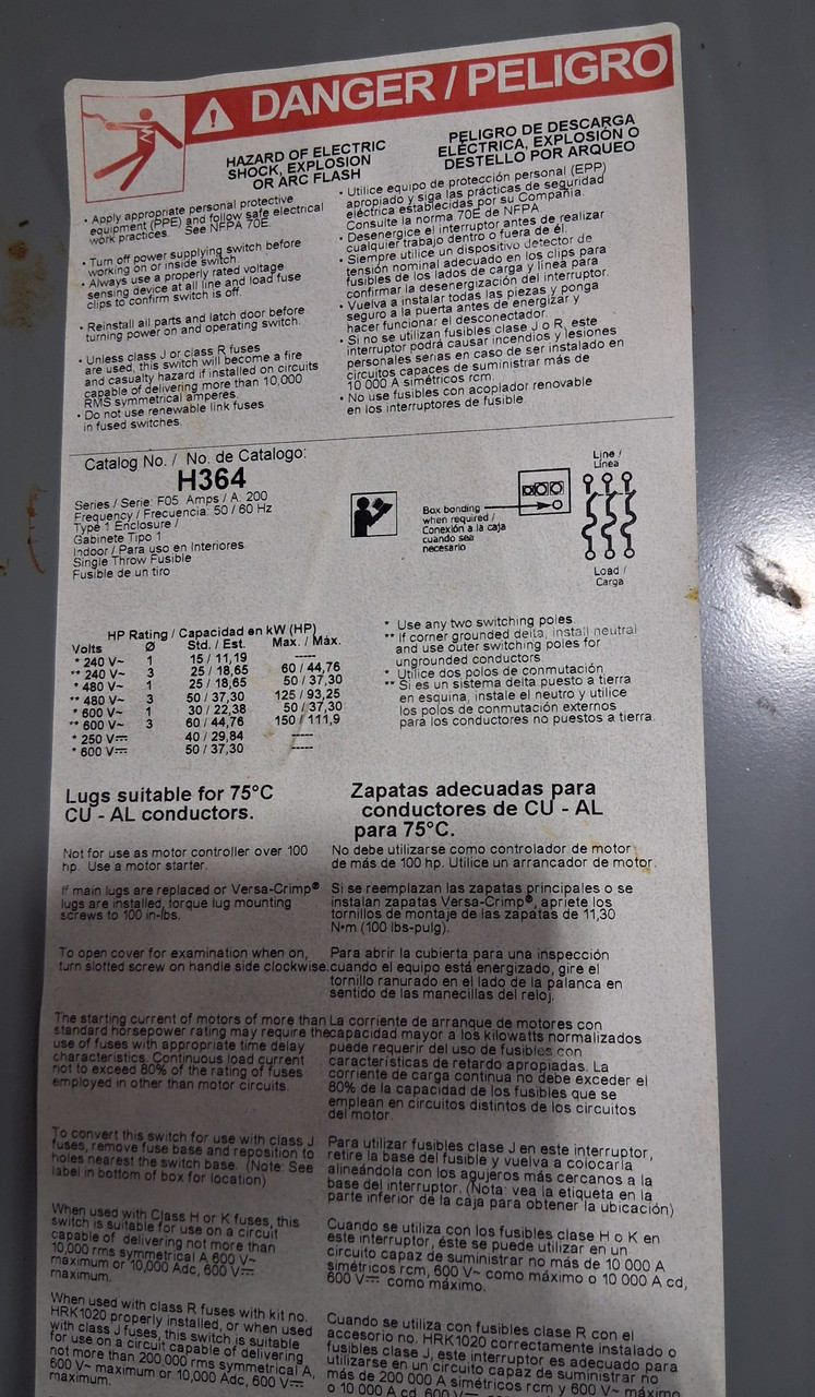 Square D H364 Heavy Duty, Fusible Safety Switch 200Amp, 600VAC/DC, 3-Pole