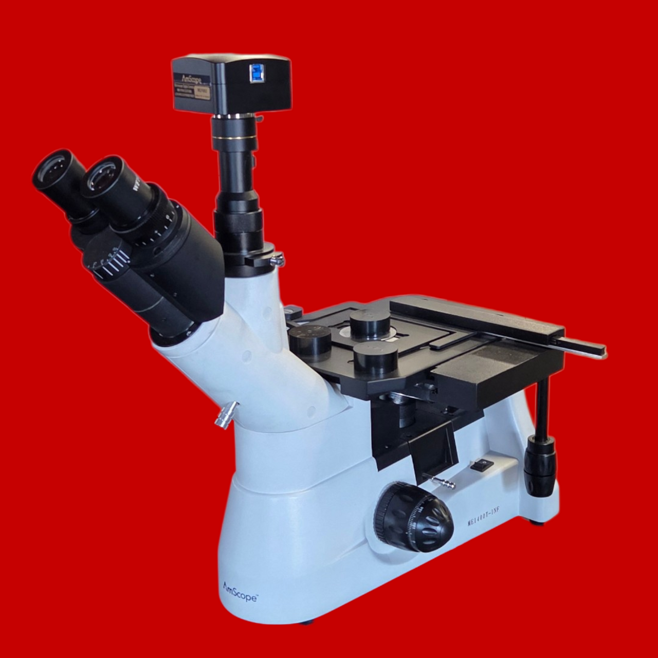 AmScope ME1400 Series Inverted Plan Optics Infinity-Corrected Polarizing Metallurgical Trinocular Compound Microscope 50X-500X Magnification with w/ 10MP USB 2.0 C-mount Camera, ME1400T-INF-10M