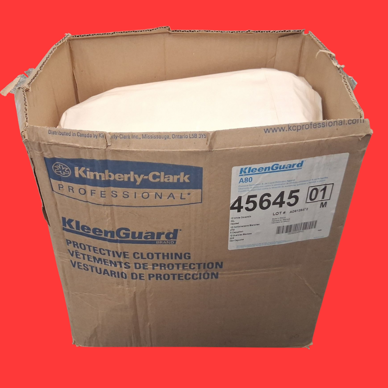 KleenGuard A80, 2XL, White, Taped Seam, Elastic Cuff Disposable Hooded Coveralls Box of 8- Part# 45645