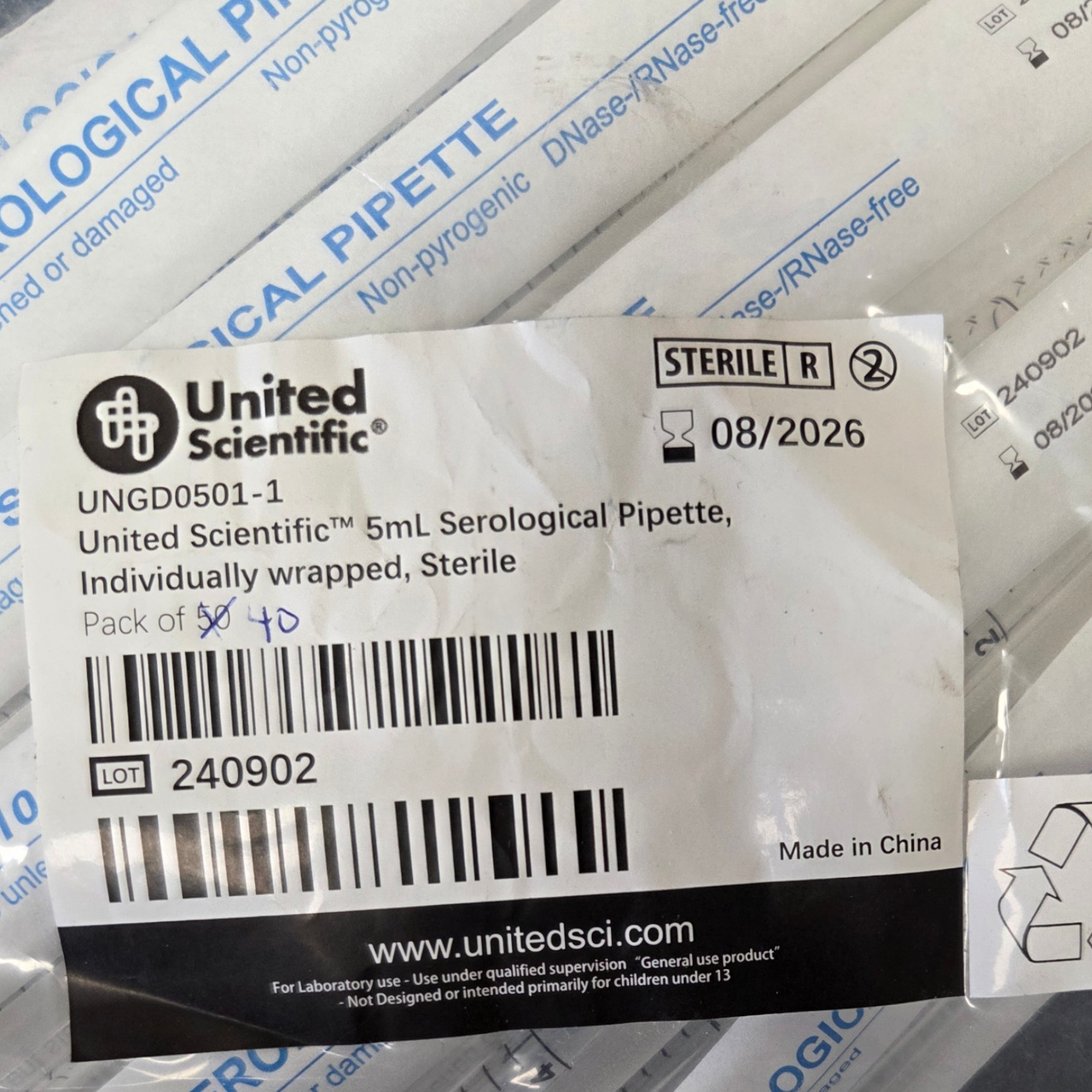 United Scientific UNGD0501-1 Serological Pipette: 5 mL Capacity, 0.1 mL Graduation Increments, Sterile, Pack of 40