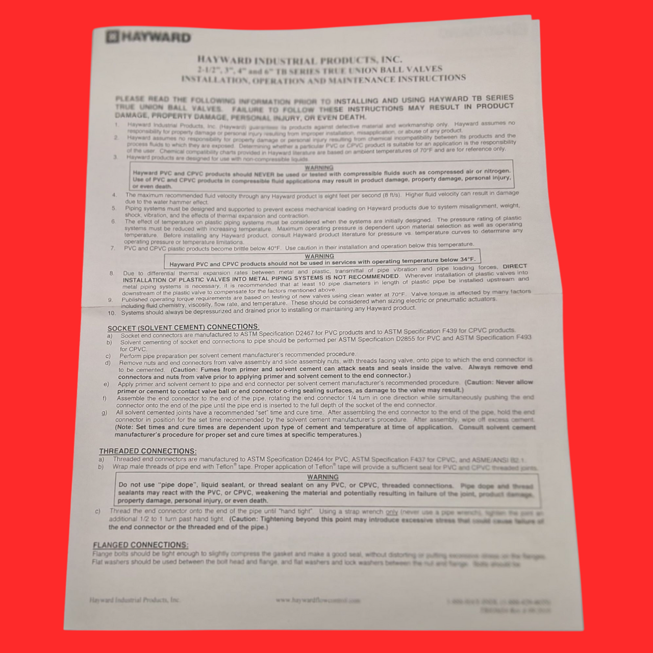 Hayward TB1400SE 4" PVC True Union Ball Valve EPDM O-Rings Socket Weld