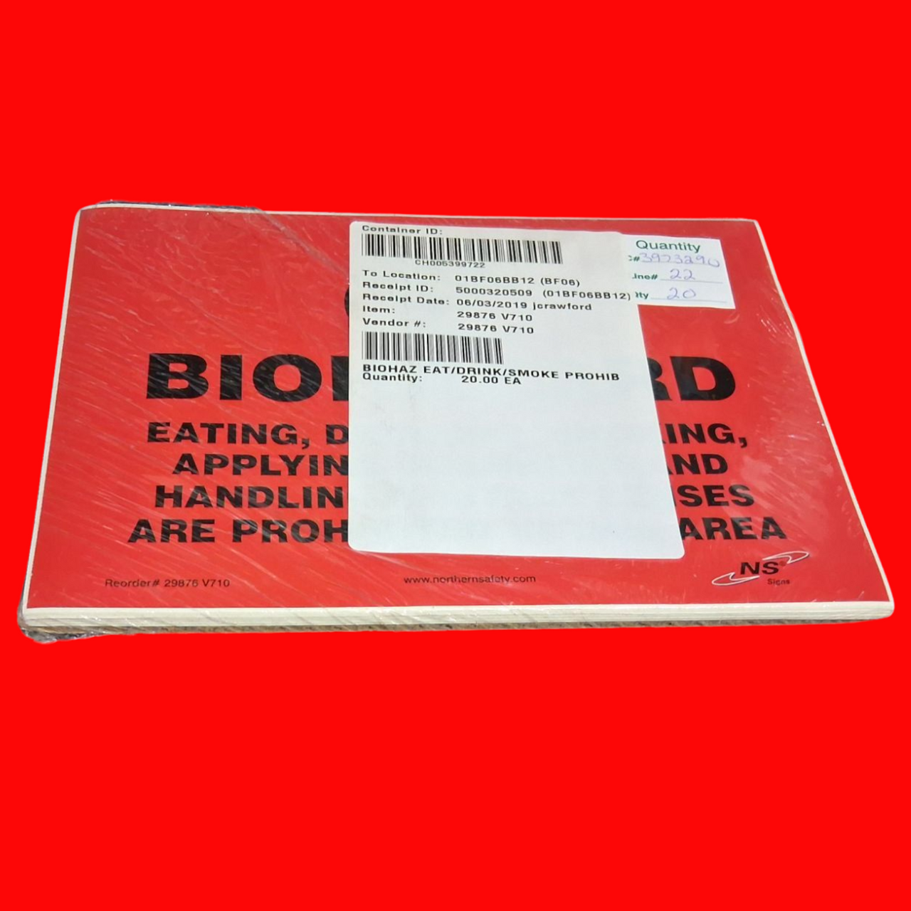 Northern Safety 29876 V710 Biohazard Eating, Drinking, Smoking, Applying Cosmetics, And Handling Contact Lenses Are Prohibited In This Area with Graphic Safety Sign 7"x10", Pack of 20