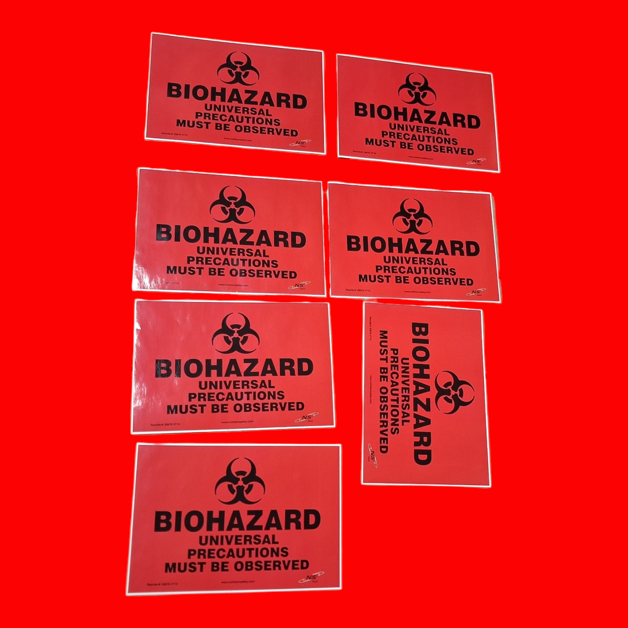Northern Safety 29878 V710 Biohazard Universal Precautions Must Be Observed with Graphic Safety Sign 10"x 7", Adhesive Vinyl Pack of 7