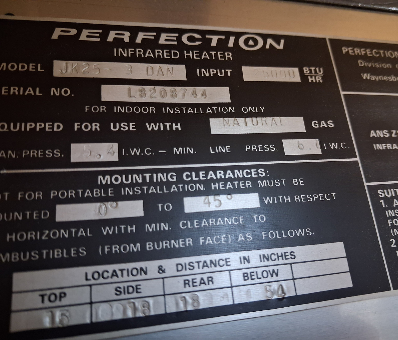Perfection Products JK25-3DAN Infrared Heater, Natural Gas, 25000 BTU/HR