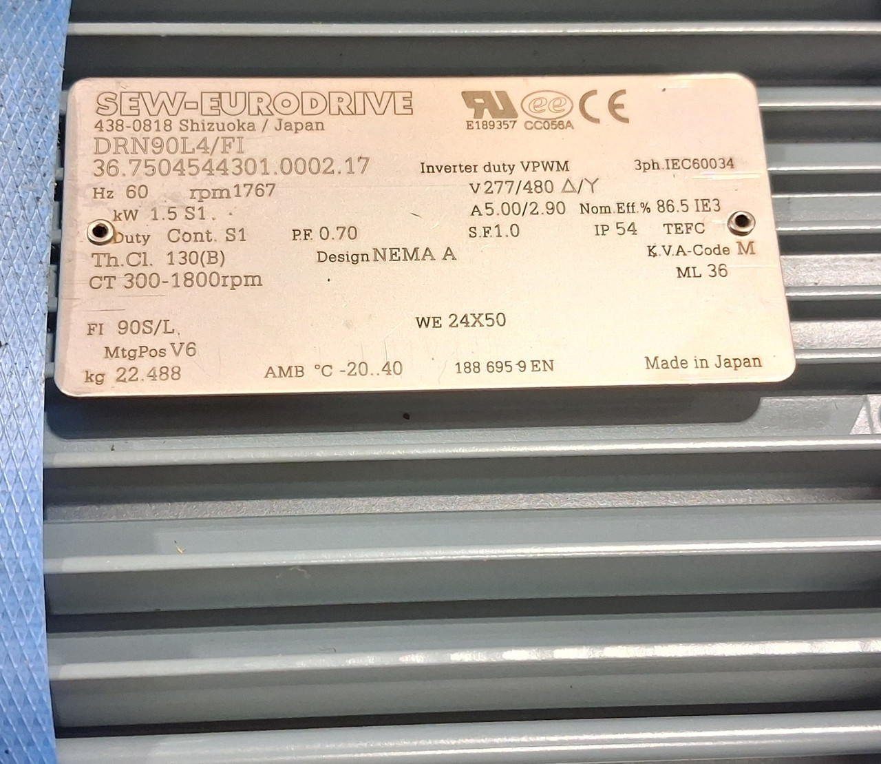 SEW DRN90L4/FI TEFC, 3-Phase, 1767 RPM AC Motor