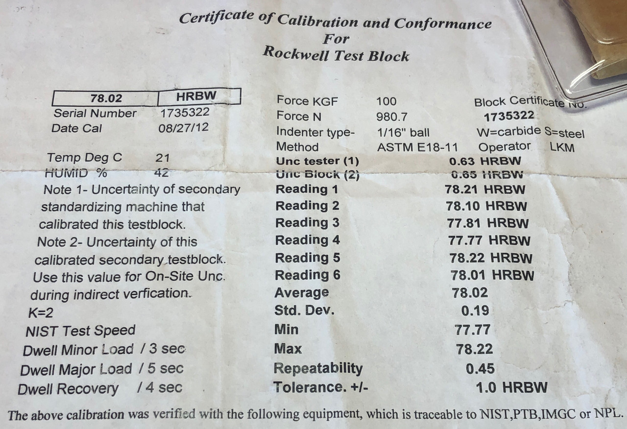 Rockwell Hardness Test Block, 78.02 HRBW