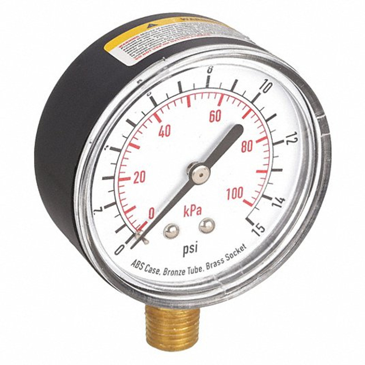 Pressure Gauge, 0 to 15 psi, 0 to 100 kPa Range, 1/4 in NPT, +/-3-2-3% Gauge Accuracy