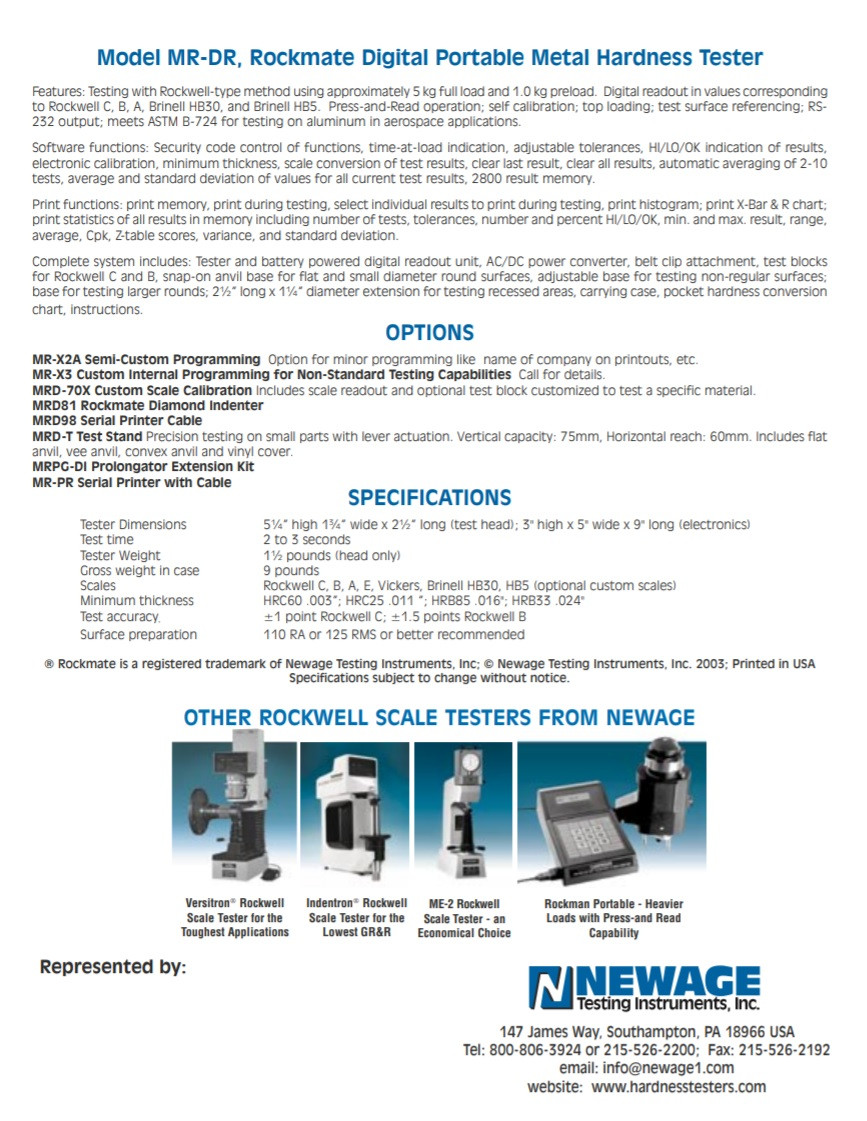 NEWAGE Rockmate Portable Hardness Tester Model MRDR
