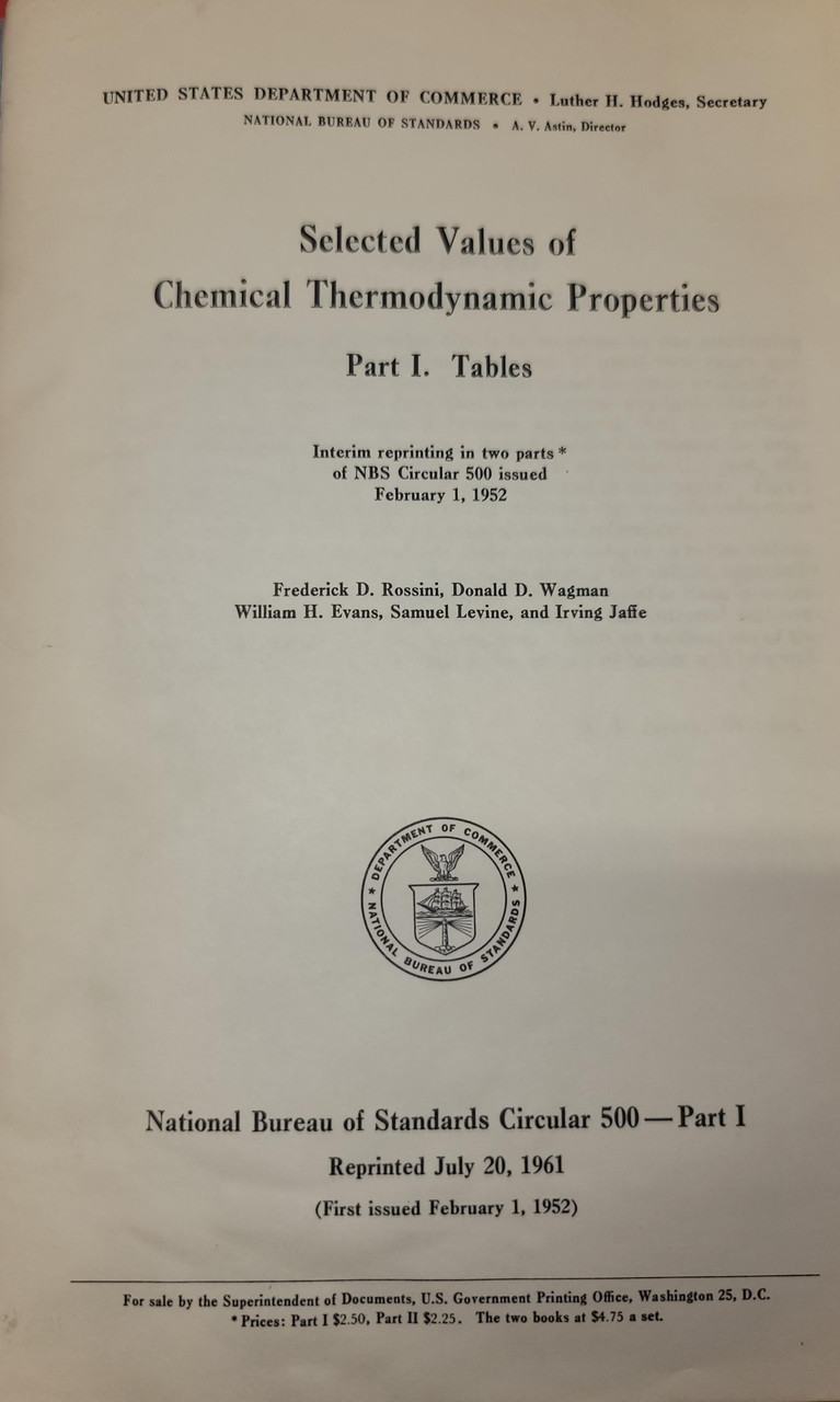 Selected Values of Chemical Thermodynamic Properties Part I Tables