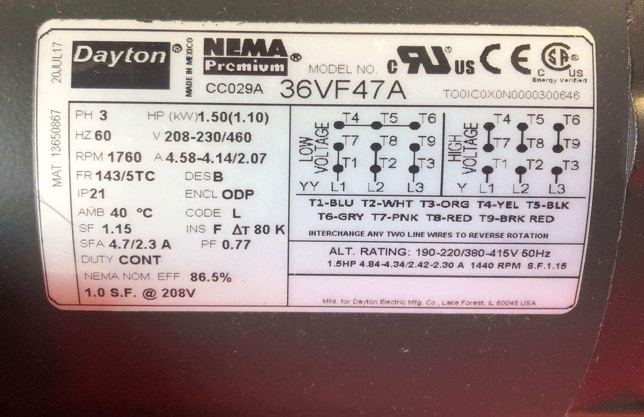 Dayton 36VF47A General Purpose Motor 3 Phase 1.5 HP