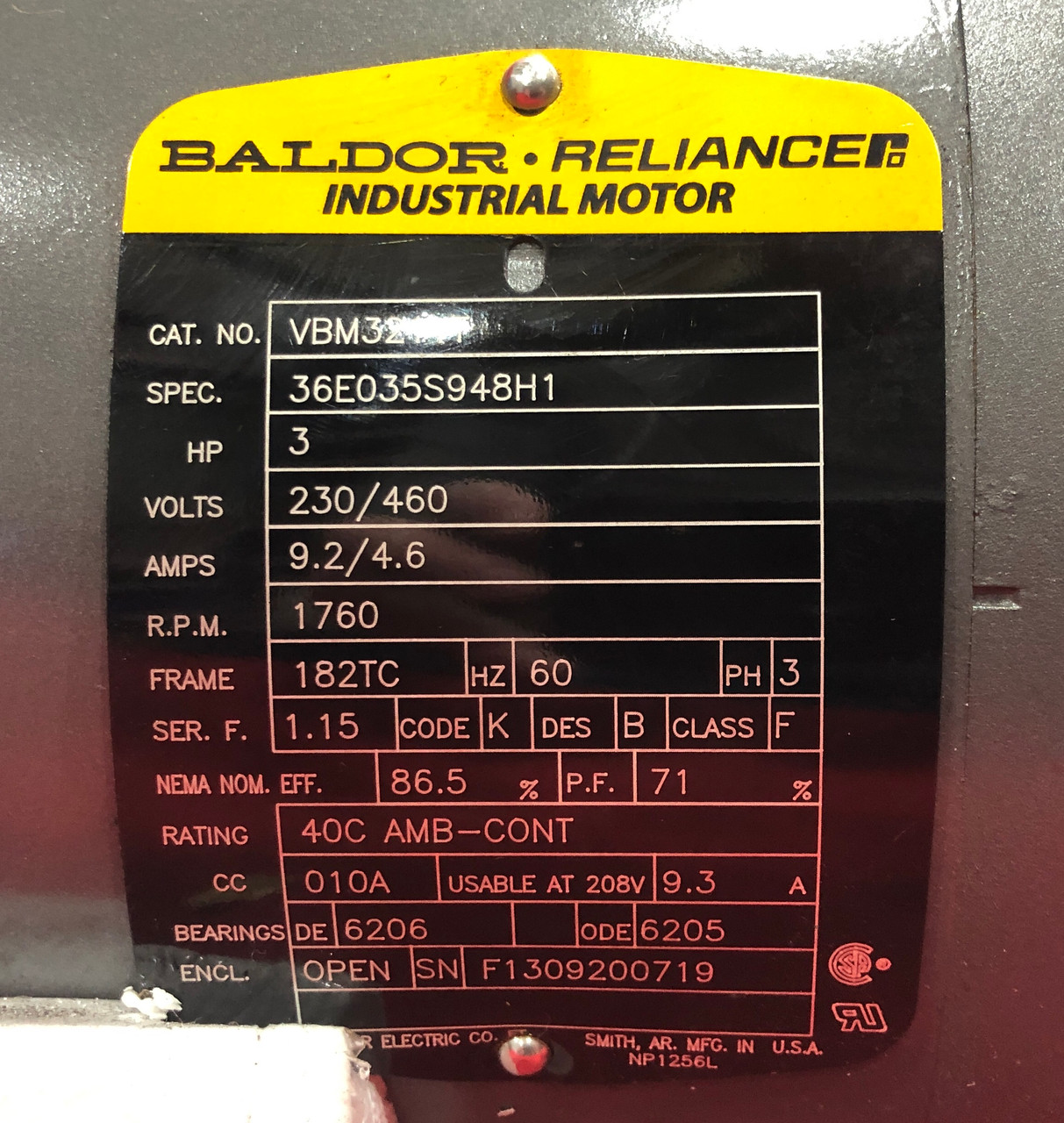 Baldor VBM3211T General Purpose Industrial Motor 3HP w/ Spring Actuated Magnetic Brake