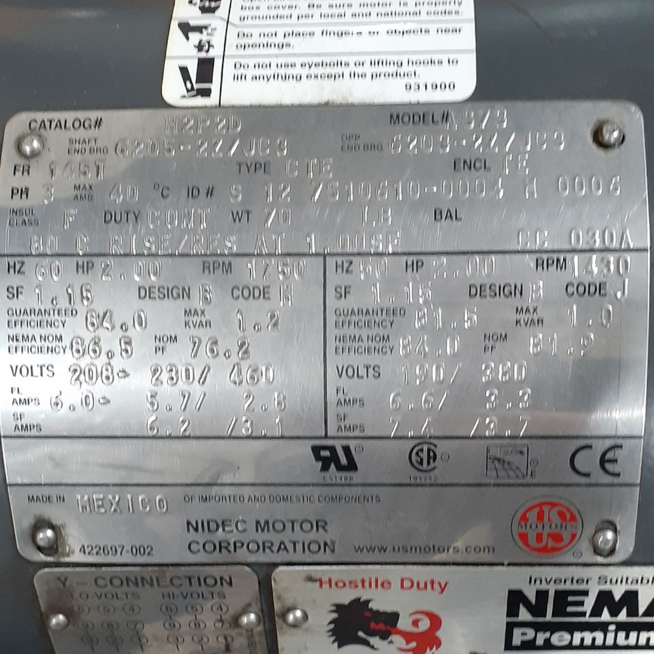 Nidec Electric Motor, Missing Fan Guard, H2P2D