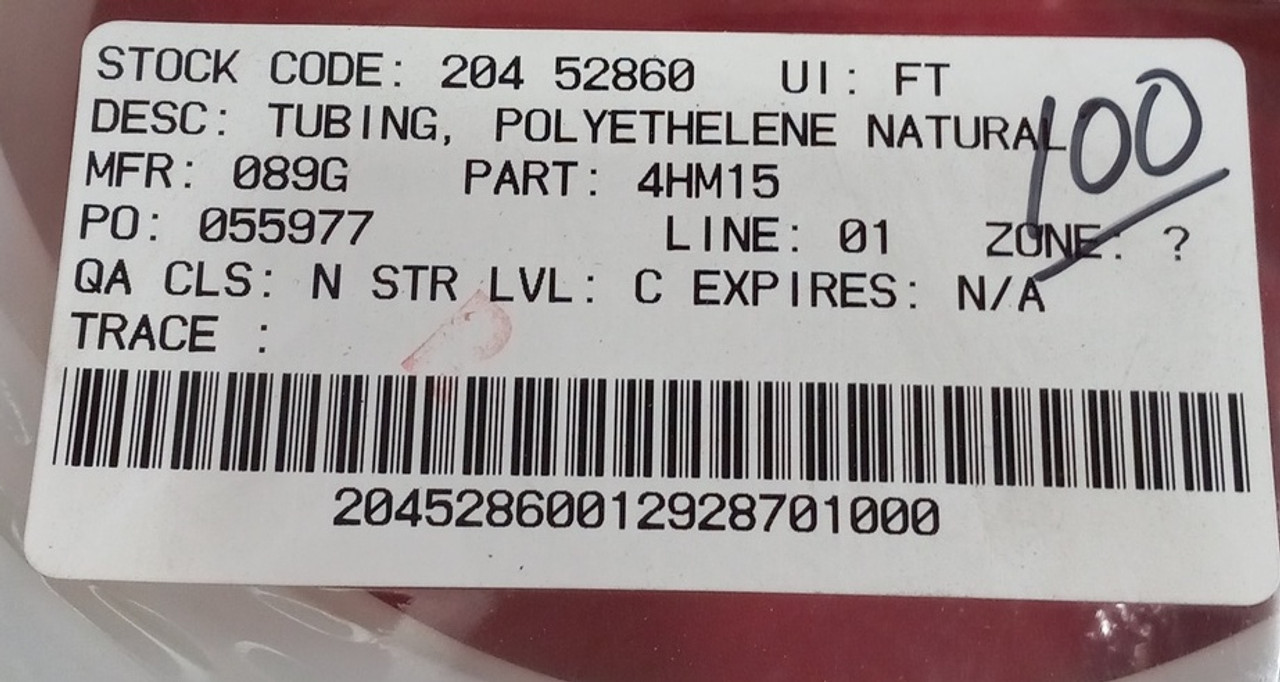 GRAINGER APPROVED Natural Polyethelene Tubing 100Ft. - 4HM15