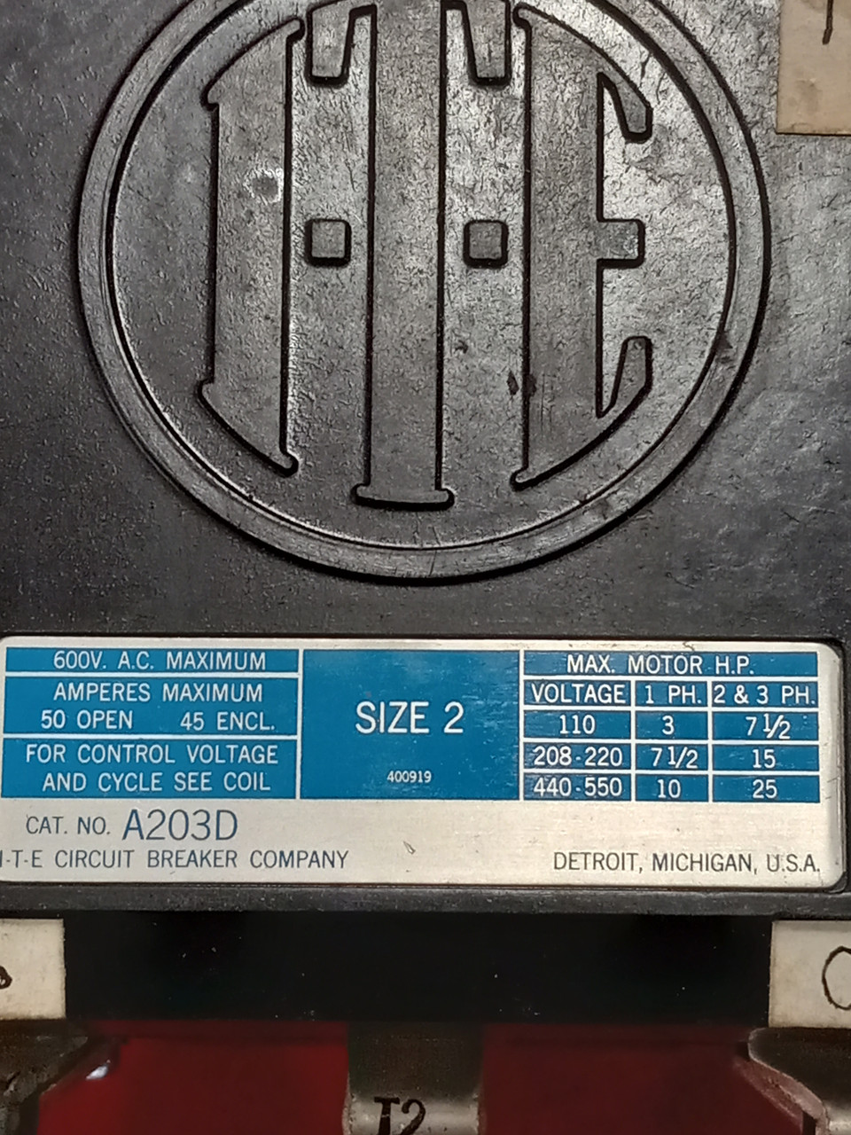 I.T.E. A203D Magnetic A. C. Contactor