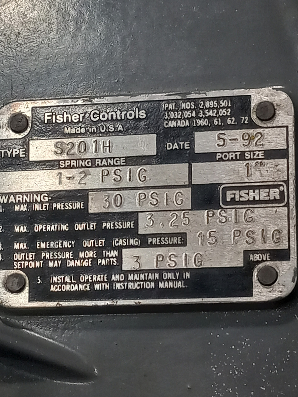 Fisher Controls S201H 1" Pressure Regulator