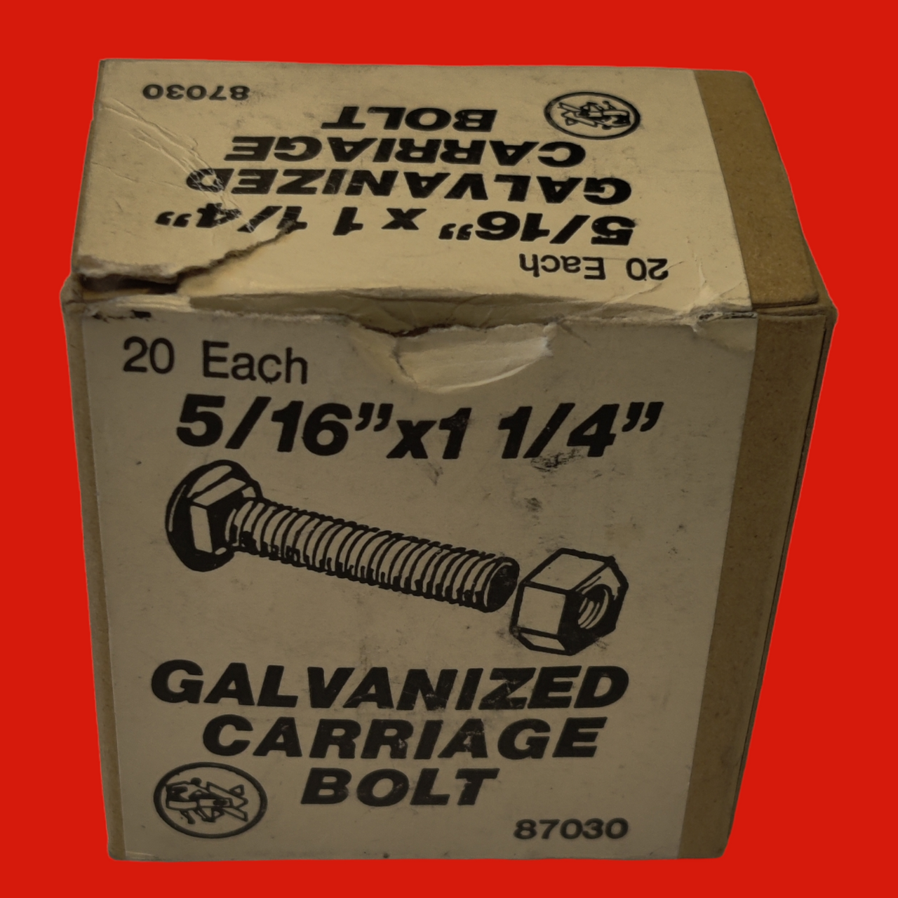 Galvanized Carriage Bolt 87030, 5/16" x 1-1/4", Includes Nuts, Box of 20ea