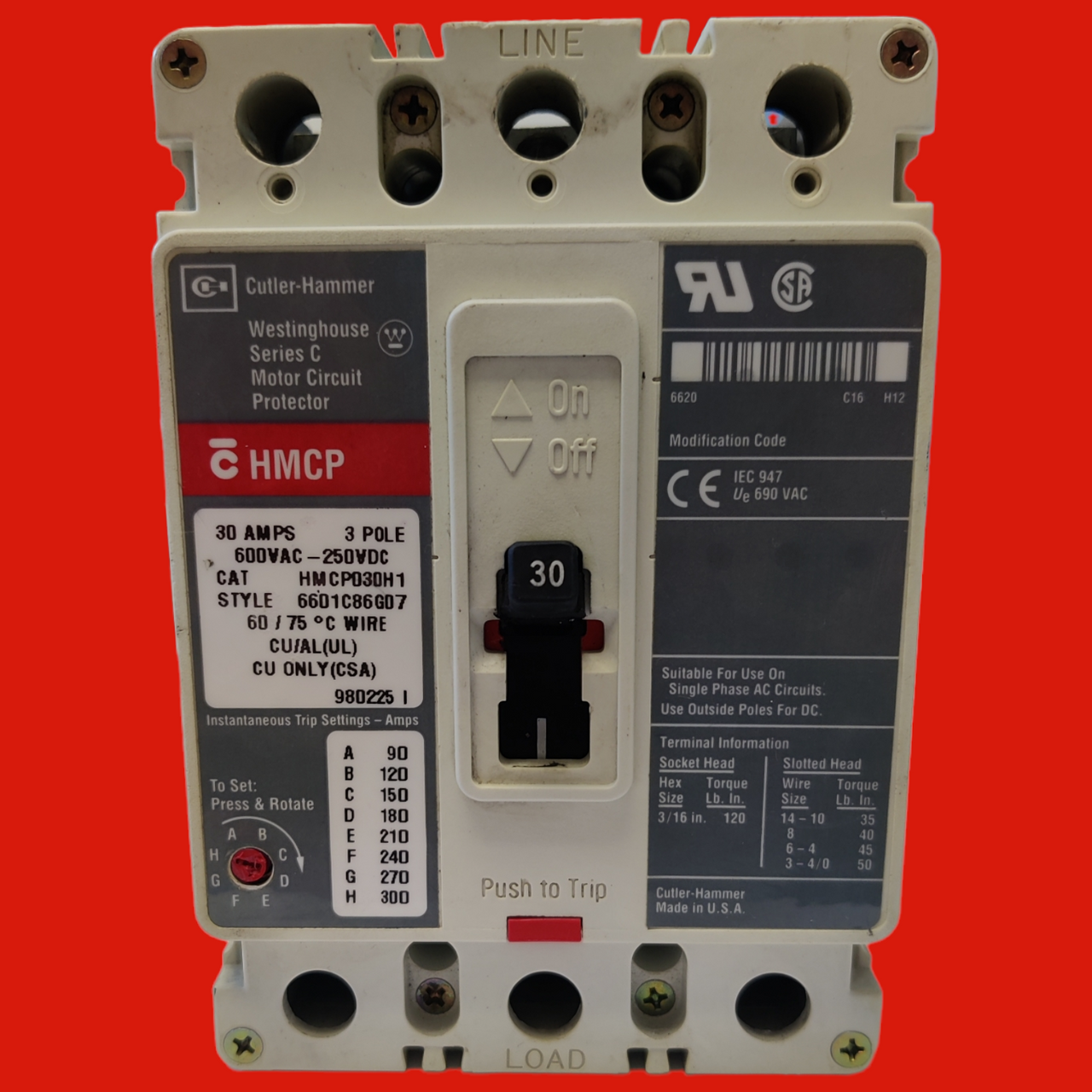 Cutler Hammer Westinghouse Series C Motor Circuit Protector, HMCP030H1