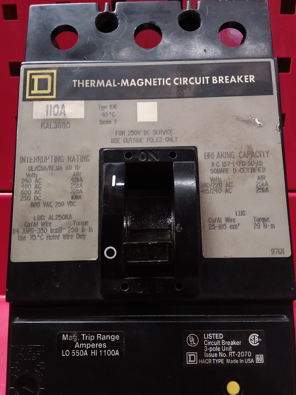 Square D Thermal Magnetic Circuit Breaker KAL36110 